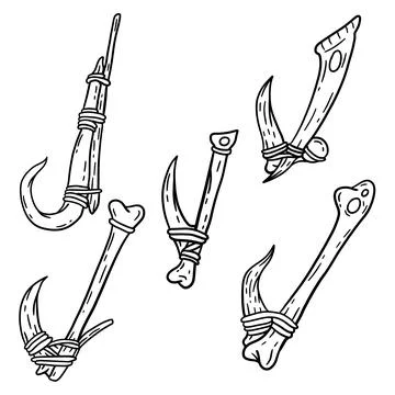 Fish hook made of bone and fang. Tool of primitive man of Stone Age. Stock Illustration