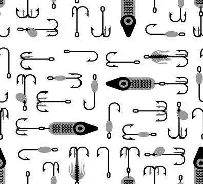 Fish hook pattern seamless. Hook for catching fish background. fishing tack.. Illustrazione stock