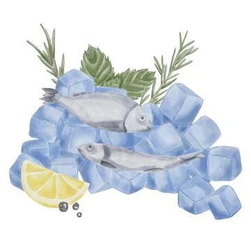 Fish on ice cubes with a mint and rosemary leaf in the background and lemon a Stock Illustration
