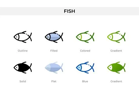 Fish icon in different style. Fish vector icons designed in outline, solid,.. Stock Illustration