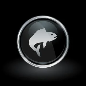 Fish icon inside round silver and black emblem Stock Illustration