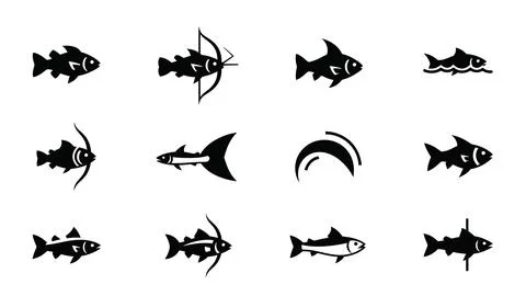 Fish icon set, black silhouette of sea creatures, flat vector illustration .. Stock Illustration