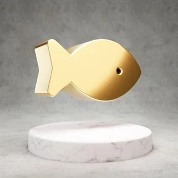 Fish icon. Shiny golden Fish symbol on white marble podium. Stock Illustration