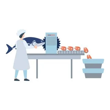 Fish industry in flat design. Operator cutting salmon at slices at factory. V Illustrazione stock