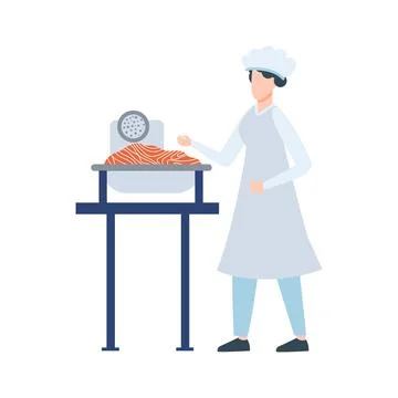 Fish industry in flat design. Operator cooking salmon mince at factory machin Illustrazione stock