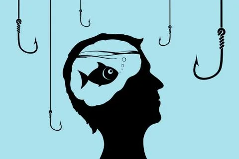 Fish inside a human head looking at fishhooks. 스톡 일러스트