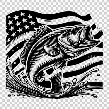 Fish Jumping Before American Flag leaping water engraved イラスト素材