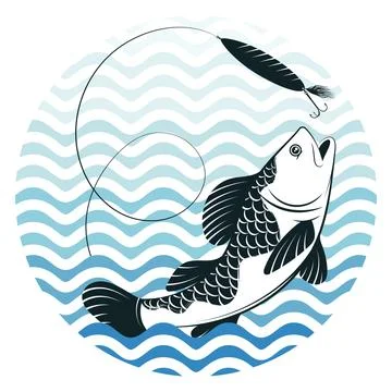 Fish jumping for bait against the backdrop of blue waves Stock Illustration