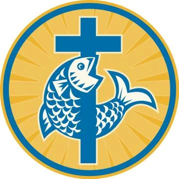 Fish jumping with cross retro Stock Illustration
