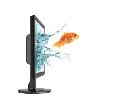 Fish jumping out of display screen Stock Illustration