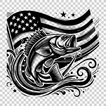 Fish Jumping Over Us Flag stars waves black white Abstract Stock Illustration