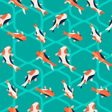 Fish koi background. Hand drawn sea abstract waves seamless pattern. Vector flar Stock Illustration