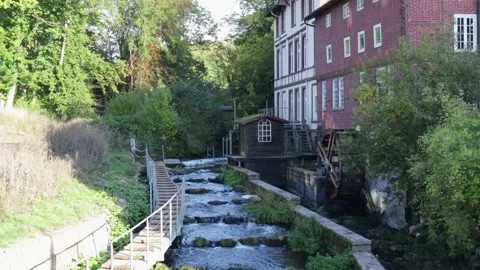 Fish ladder next to a watermill called Gremsmuhle in the German town Malente Stock Footage 141280256