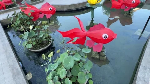 Fish lantern lamp with pond and koi fish Vídeo Stock 342686715