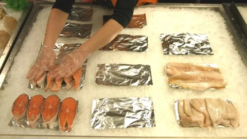 Fish layout in the supermarket. Time lap... | Stock Video | Pond5