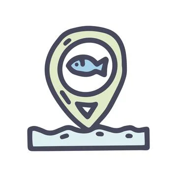 Fish location pin color vector doodle simple icon Stock Illustration