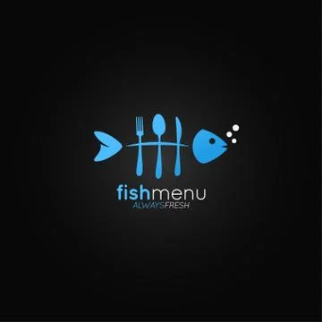 Fish logo menu. Fish bones in the form of a fork on black background Stock Illustration
