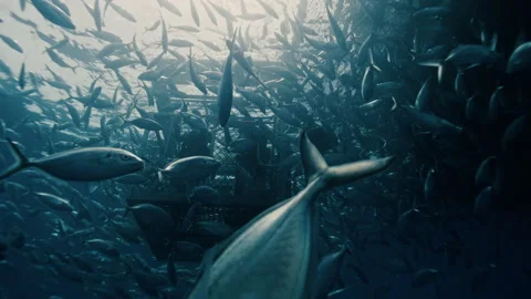 Fish Loop Past Shark Cage in Ocean Depth With Soft Backlight Stock Footage 306212623