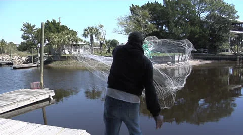 Fish, MAN THROWS CAST NET FOR MULLET Stock Footage 22528282