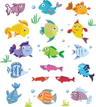 Fish, marine life pattern, set, color, various poses and situations, drawing Stock Illustration