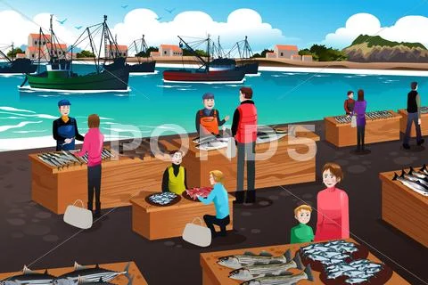 Fish Market Scene Stock Illustration