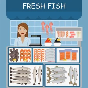 Fish market vector illustration. Fresh raw fish and seafood in assortment on Stock Illustration