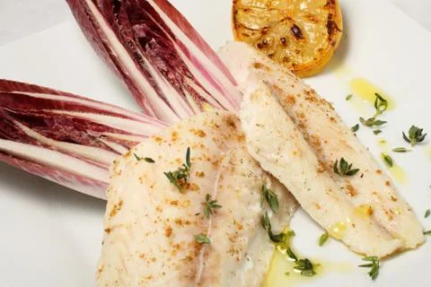 Fish meat with chicory Stock Photos