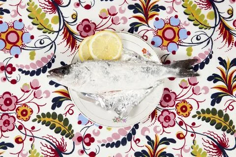 Fish meuniere flower plate pattern Stock Photos
