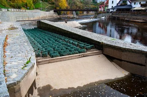 Fish migration brushes on the weir, designed to help fish swim upstream. Th.. Foto stock