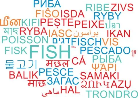 Fish multilanguage wordcloud background concept Illustrazione stock