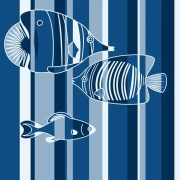 Fish in ocean. Graphic vector illustration in blue tones.. Geomethical style. Stock Illustration