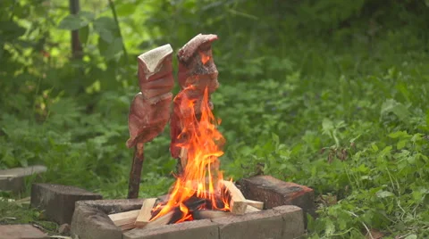 Fish on an open fire the general plan Stock Footage 55225426