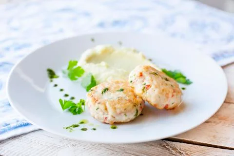 Fish or chicken cutlets with mashed potatoes Stock Photos