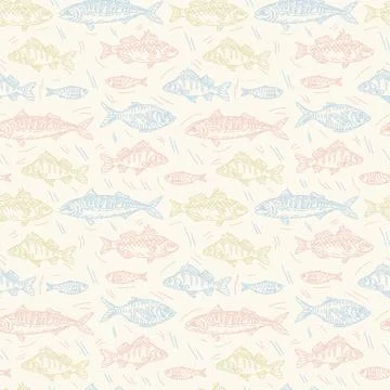 The fish pattern is colored. A variety of marine and river marine life. Seafood Stock Illustration