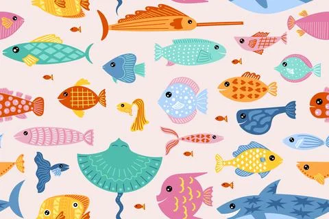 Fish pattern. Cute childish funny background, summer marine texture or Stock Illustration