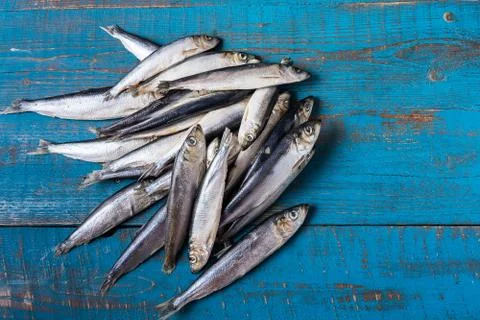 Fish pattern. Herring fish on an old blue wooden background. Stock Photos