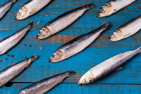 Fish pattern. Herring fish on an old blue wooden background. Stock Photos