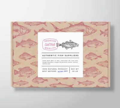 Fish Pattern Realistic Cardboard Box with Banner. Abstract Vector Packaging Stock Illustration