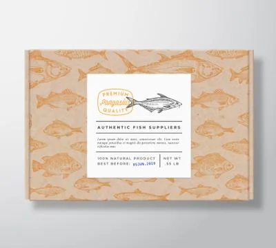 Fish Pattern Realistic Cardboard Box with Banner. Abstract Vector Packaging Illustrazione stock