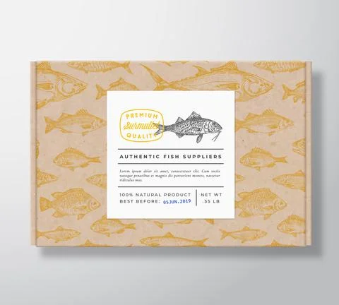 Fish Pattern Realistic Cardboard Box with Banner. Abstract Vector Packaging Stock Illustration