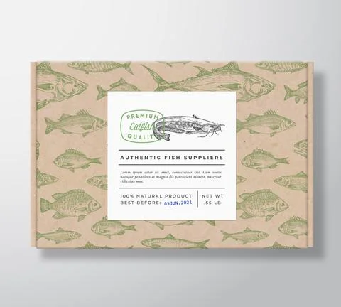 Fish Pattern Realistic Cardboard Box with Banner. Abstract Vector Packaging Illustrazione stock
