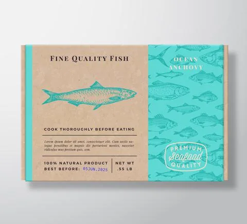 Fish Pattern Realistic Cardboard Container. Abstract Vector Seafood Packaging Stock Illustration
