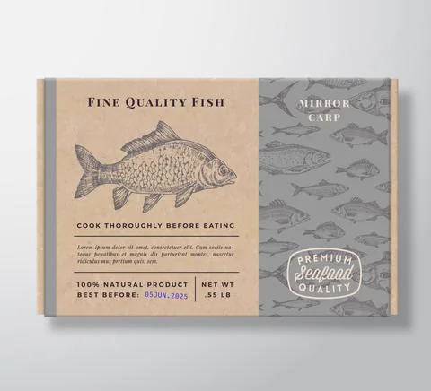 Fish Pattern Realistic Cardboard Container. Abstract Vector Seafood Packaging Illustrazione stock