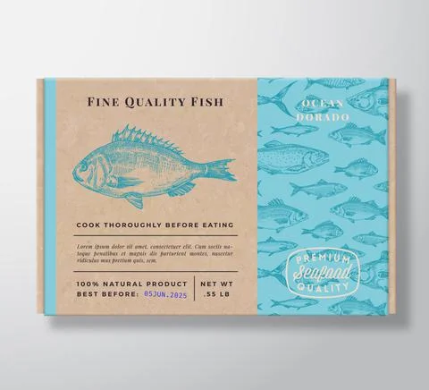 Fish Pattern Realistic Cardboard Container. Abstract Vector Seafood Packaging Illustrazione stock
