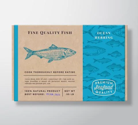 Fish Pattern Realistic Cardboard Container. Abstract Vector Seafood Packaging Illustrazione stock