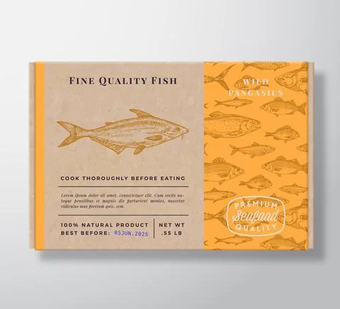 Fish Pattern Realistic Cardboard Container. Abstract Vector Seafood Packaging Stock Illustration