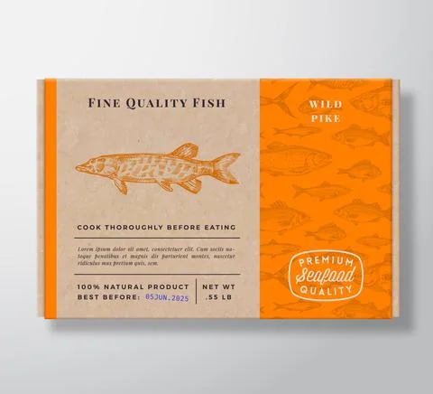 Fish Pattern Realistic Cardboard Container. Abstract Vector Seafood Packaging Illustrazione stock