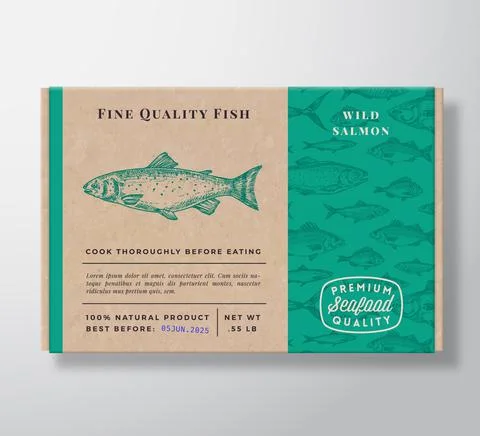Fish Pattern Realistic Cardboard Container. Abstract Vector Seafood Packaging Illustrazione stock