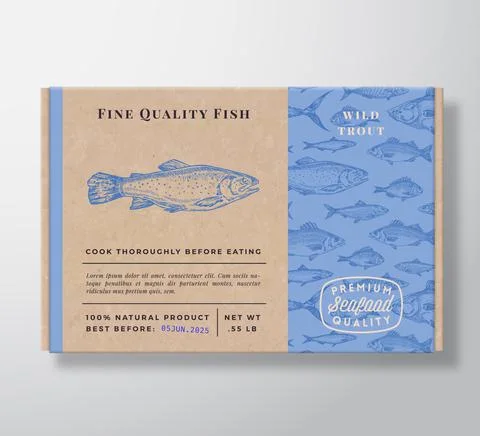 Fish Pattern Realistic Cardboard Container. Abstract Vector Seafood Packaging Stock Illustration