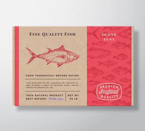 Fish Pattern Realistic Cardboard Container. Abstract Vector Seafood Packaging Illustrazione stock